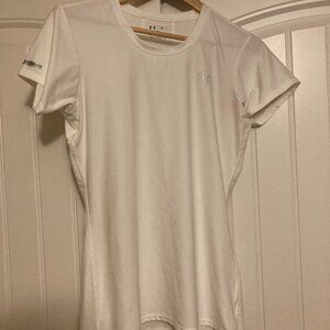 Under Armour Crew Neck White T Shirt Large Fitted HeatGear Short Sleeve Textured